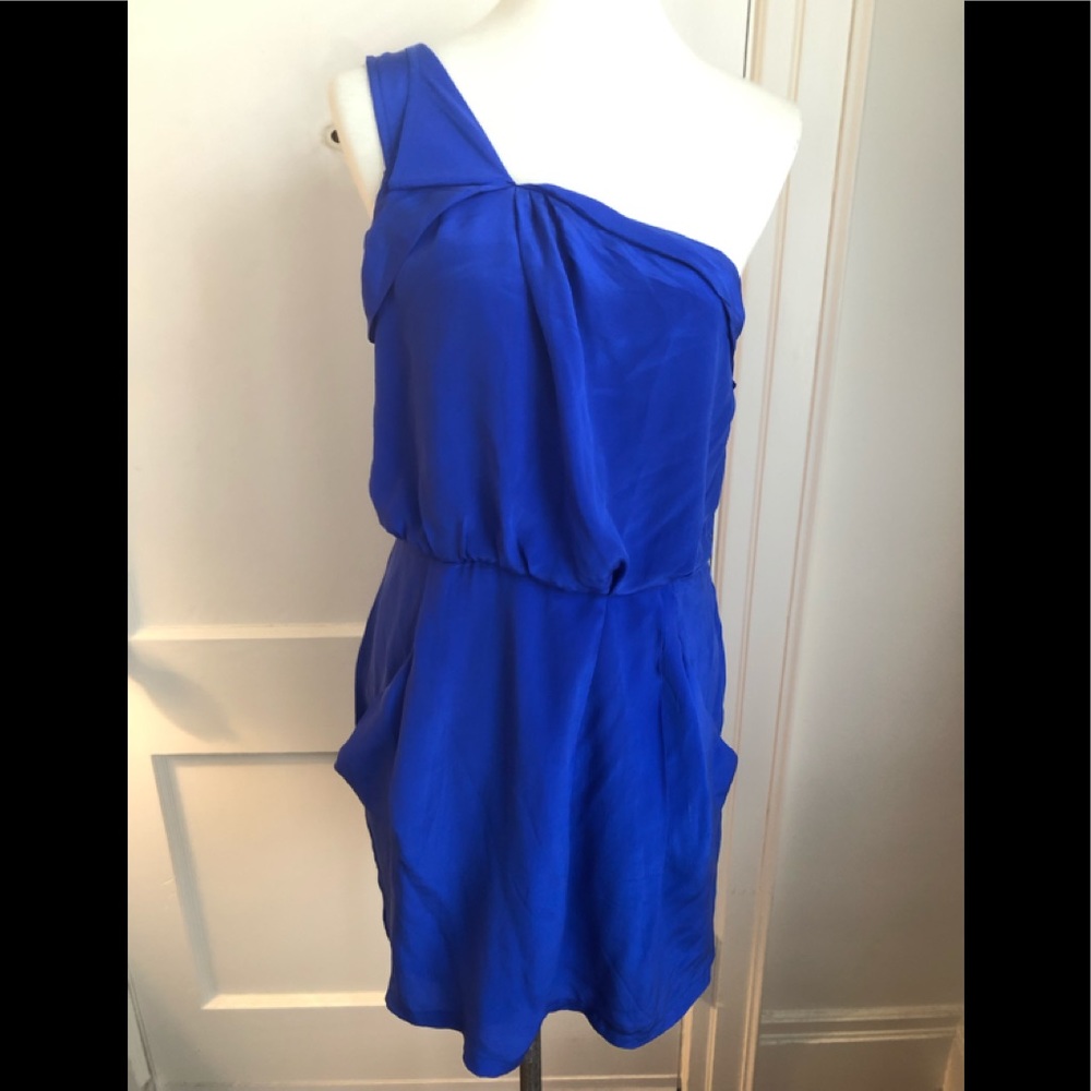 Greylin royal blue, one-shoulder silk dress.